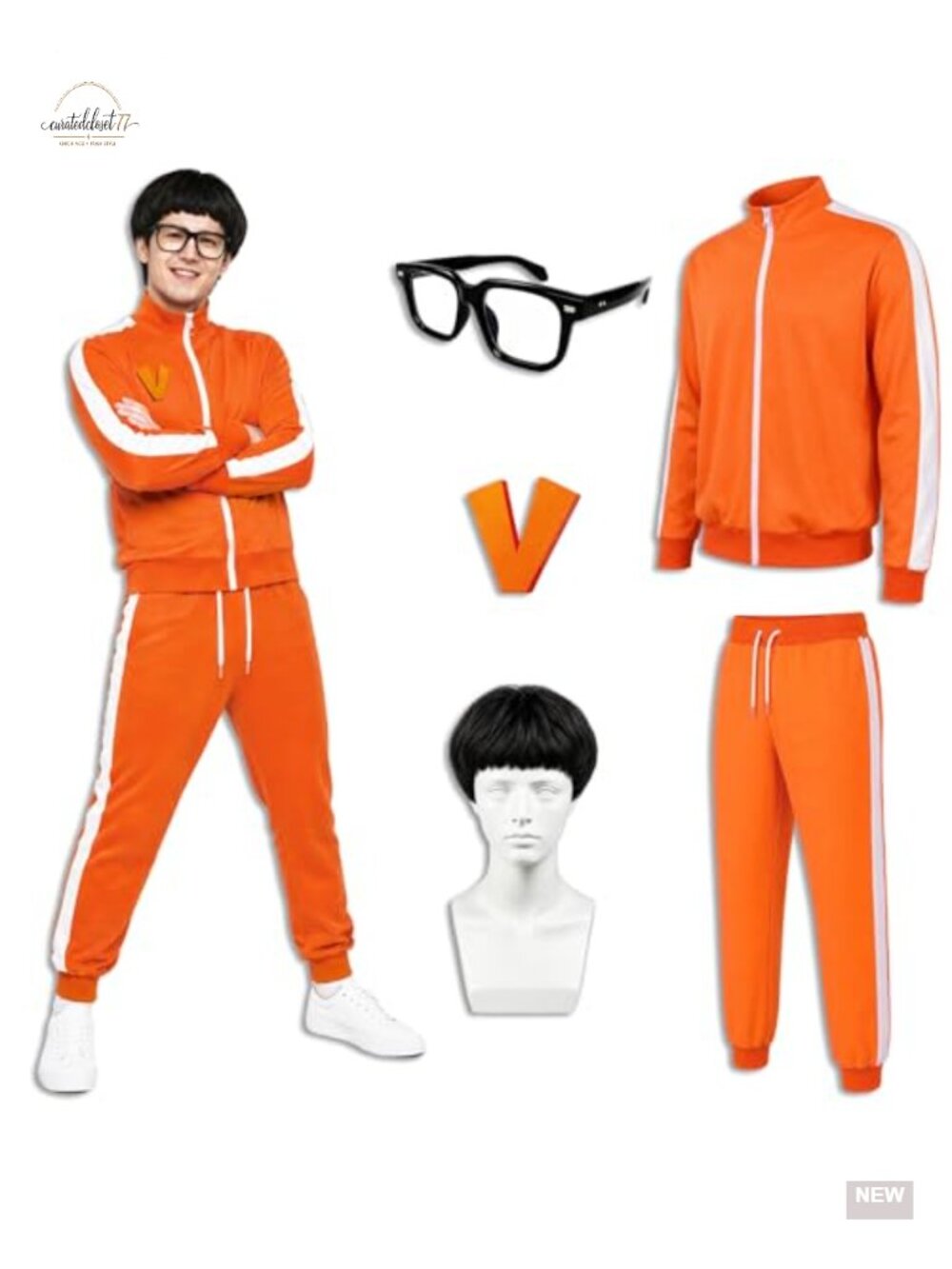Adult Halloween Tracksuit Costume Set Zip-Up Hoodie Pants Wig Glasses Badge